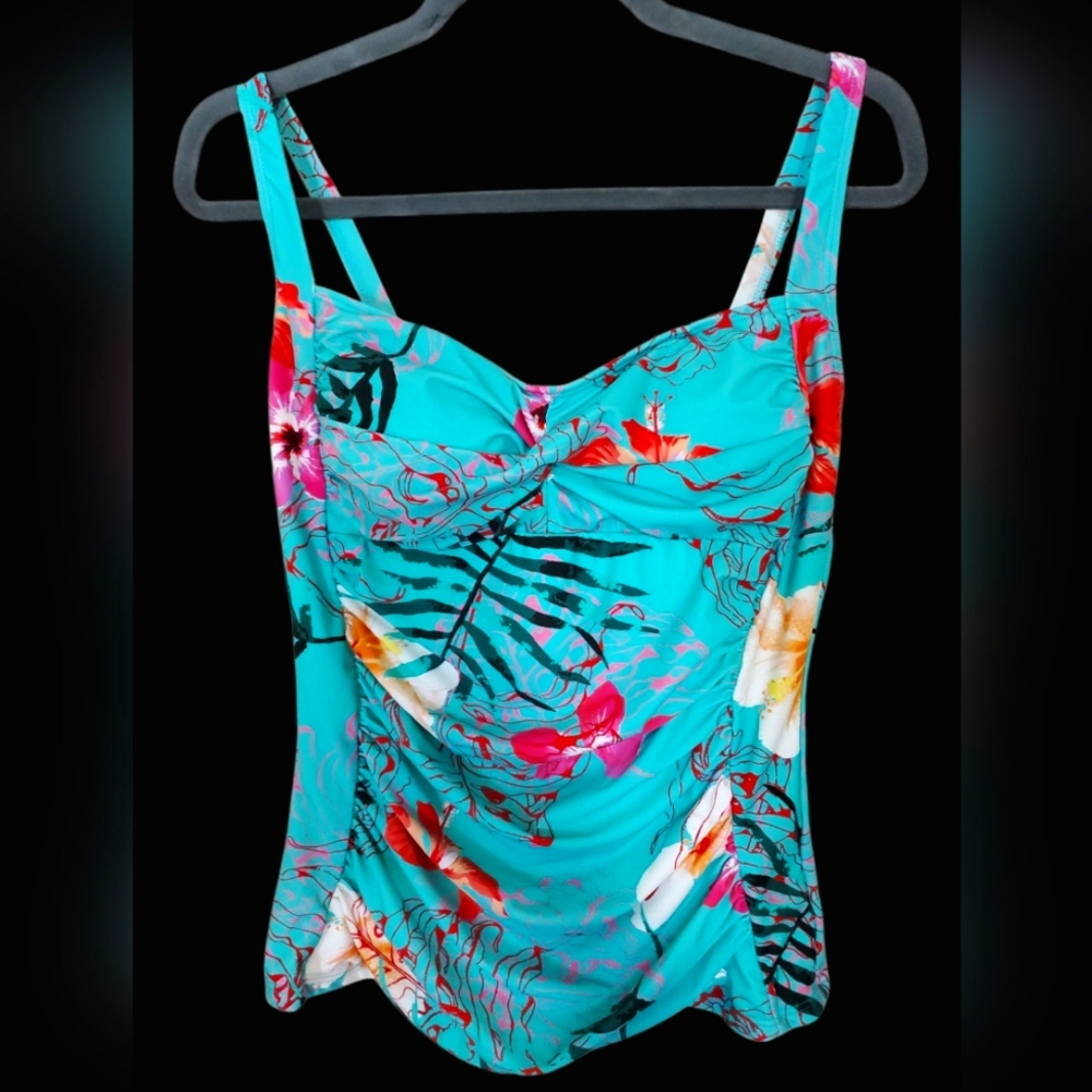 Hapari Tropical Tankini Ruched Sides Twist Neckline Adjustable Straps Size L